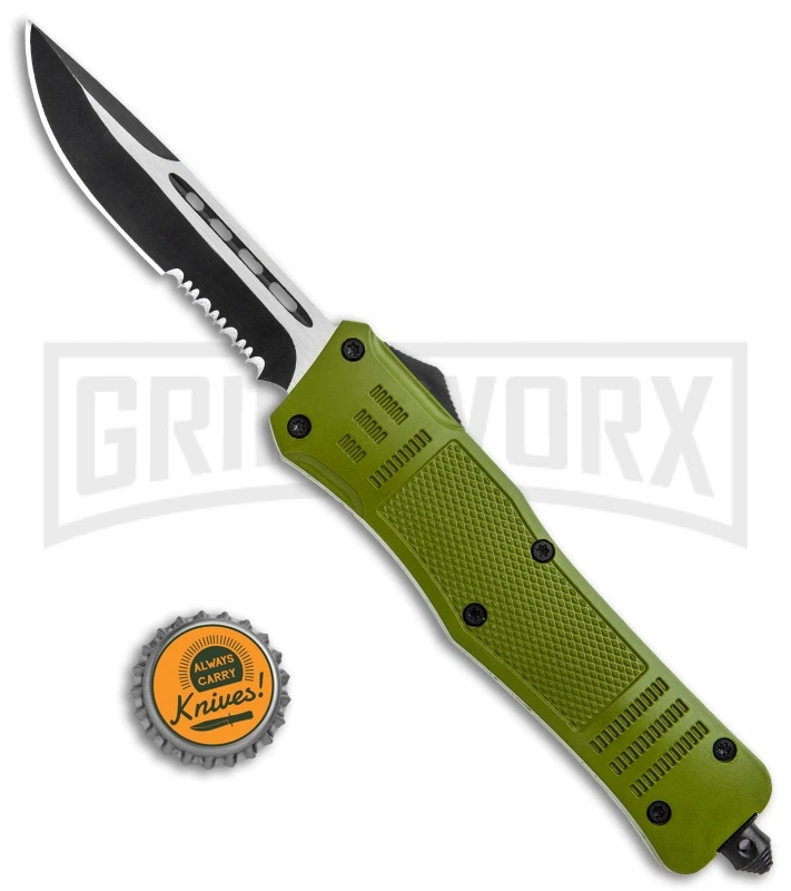 Atomic Defender Large OTF Automatic Knife OD Green - Serr Two Tone Drop Point 7 Atomic Defender Large OTF Automatic Knife OD Green - Serr Two Tone Drop Point - Image 5