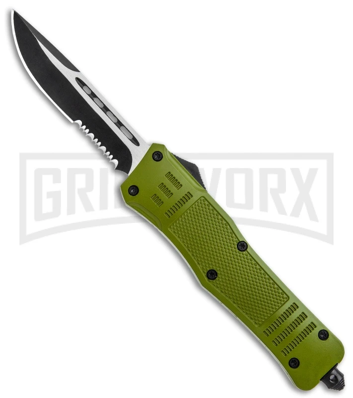 Atomic Defender Large OTF Automatic Knife OD Green - Serr Two Tone Drop Point 3 Atomic Defender Large OTF Automatic Knife OD Green - Serr Two Tone Drop Point