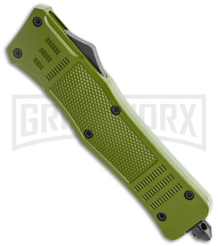 Atomic Defender Large OTF Automatic Knife OD Green - Serr Two Tone Drop Point 5 Atomic Defender Large OTF Automatic Knife OD Green - Serr Two Tone Drop Point - Image 3