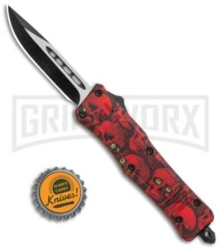 Atomic Defender Mini OTF Automatic Knife Red Skull - Two Tone Drop Point Plain -Grindworx Atomic Mini DP Red Skull OTF Auto TT GX 36430 jr bottlecap large
