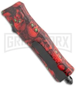 Atomic Defender Mini OTF Automatic Knife Red Skull - Two Tone Drop Point Plain -Grindworx Atomic Mini DP Red Skull OTF Auto TT GX 36430 jr side large