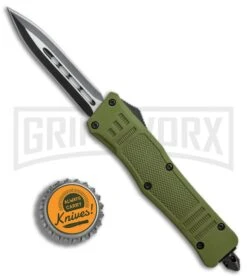 Atomic Defender Mini OTF Automatic Knife OD Green - Plain Two Tone Dagger -Grindworx Atomic Mini Defender OD Green black dagger plain BP 23736 er bottlecap large