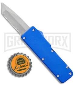 Chud Mini Blue OTF Automatic Knife - Blue Tanto Swedge SW -Grindworx Chud Mini OTF DA Tanto Auto Blue Satin GX 38955 jr bottlecap large