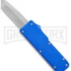 Chud Mini Blue OTF Automatic Knife - Blue Tanto Swedge SW 2 Chud Mini Blue OTF Automatic Knife - Blue Tanto Swedge SW -Grindworx Chud Mini OTF DA Tanto Auto Blue Satin GX 38955 jr large
