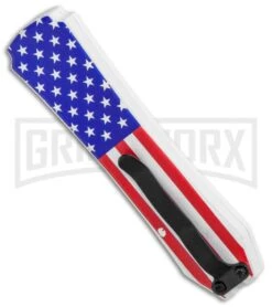 Coffin Blaster USA Flag DA/OTF Automatic Knife - Dagger Black Serr 8 Coffin Blaster USA Flag DA/OTF Automatic Knife - Dagger Black Serr -Grindworx Coffin Blaster Flag DA OTF Auto Black Serr GX 36996 jr side large