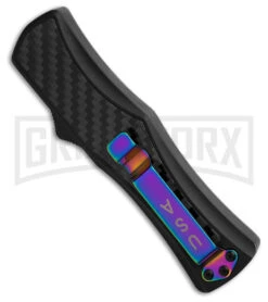 Edgeworks Carbon Fiber OTF Auto Knife Dagger - Rainbow Damascus Finish) -Grindworx Edgeworks Carbon Fiber OTF Auto Knife Dagger 3in Rainbow Damascus GX 42359 td side large