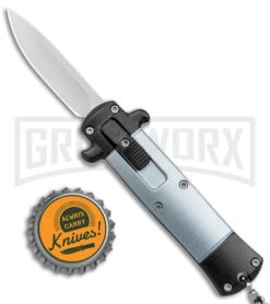Enzo OTF Gray/Black Automatic Keychain Knife - Satin Spear Point Plain -Grindworx Enzo OTF Gray Black Auto Keychain Satin SP GX 38959 jr bottlecap large