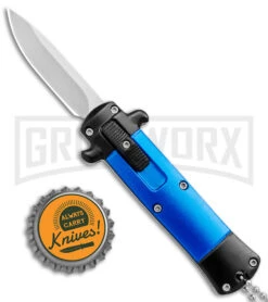 Enzo Stiletto Mini Blue W/ Black Bolsters D/A OTF Automatic Knife - Satin Plain -Grindworx Enzo Stiletto Mini Blue Black Bolsters OTF Auto Satin GX 38907 jr bottlecap large