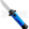 Enzo Stiletto Mini Blue W/ Black Bolsters D/A OTF Automatic Knife - Satin Plain -Grindworx Enzo Stiletto Mini Blue Black Bolsters OTF Auto Satin GX 38907 jr large