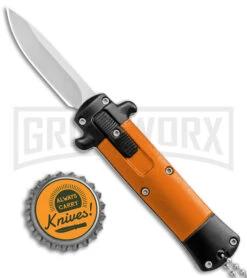 Enzo OTF Orange/Black Automatic Keychain Knife - Satin Spear Point Plain -Grindworx Enzo Stiletto Mini Orange Black Bolsters OTF Auto Satin GX 38906 jr bottlecap large