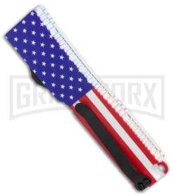 Firecracker Mini US Flag D/A OTF Automatic Knife - Black Dagger Serr -Grindworx Firecracker Mini US Flag DA OTF Auto Black Dagger Serr GX 38225 jr side large