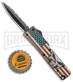 Firecracker Mini US Flag W/ Skull, D/A OTF Automatic Knife -Black, Dagger Serr -Grindworx Firecracker Mini US Flag Skull DA OTF Auto Black Dagger Serr GX 37860 jr bottlecap large
