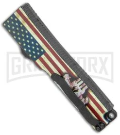 Firecracker Mini US Flag W/ Skull, D/A OTF Automatic Knife -Black, Dagger Serr -Grindworx Firecracker Mini US Flag Skull DA OTF Auto Black Dagger Serr GX 37860 jr side large
