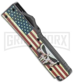Firecracker Mini US Flag W/ Skull, D/A OTF Automatic Knife -Black, Dagger Serr -Grindworx Firecracker Mini US Flag Skull DA OTF Auto Black Dagger Serr GX 37860 jr spine large