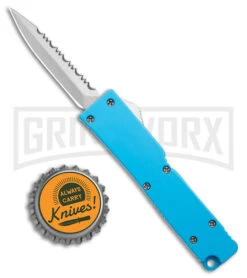 Firecracker Mini Blue D/A OTF Automatic Knife - Serrated Dagger Satin -Grindworx Fireracker Mini Blue DA OTF Auto Serrated Dagger Satin GX 38229 jr bottlecap large