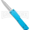 Firecracker Mini Blue D/A OTF Automatic Knife - Serrated Dagger Satin -Grindworx Fireracker Mini Blue DA OTF Auto Serrated Dagger Satin GX 38229 jr large
