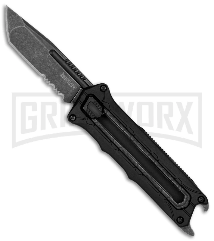 Kershaw Interstellar Black Manual Sliding Button Lock OTF Knife - Blackwash Serr 2 Kershaw Interstellar Black Manual Sliding Button Lock OTF Knife - Blackwash Serr