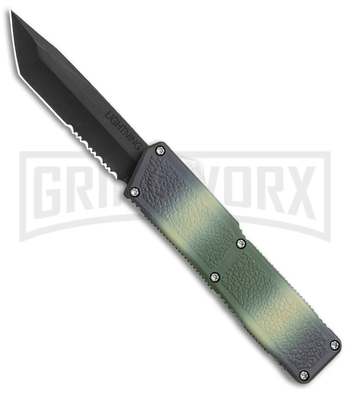 Lightning Camo D/A OTF Automatic Knife - Tanto Black Serr 3 Lightning Camo D/A OTF Automatic Knife - Tanto Black Serr