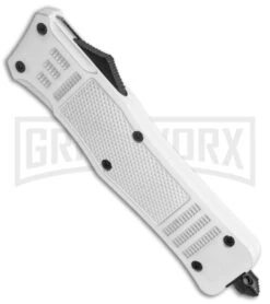 Large Atomic Defender White Automatic Dagger Knife - Two-Tone Plain -Grindworx Large Atomic White Auto Dagger TT GX 38632 jr spine large