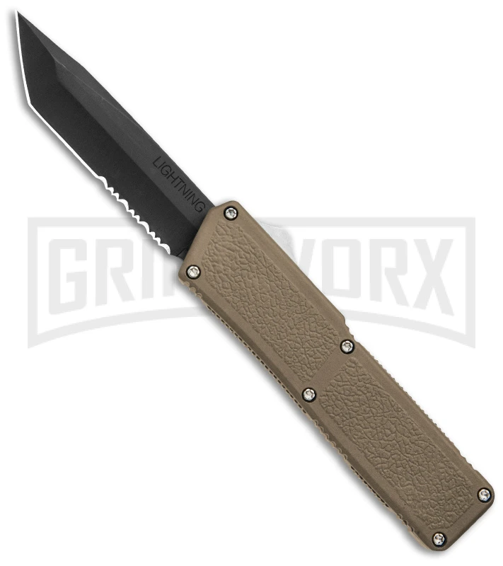 Lightning Tan D/A OTF Automatic Knife - Tanto Black Serr 3 Lightning Tan D/A OTF Automatic Knife - Tanto Black Serr