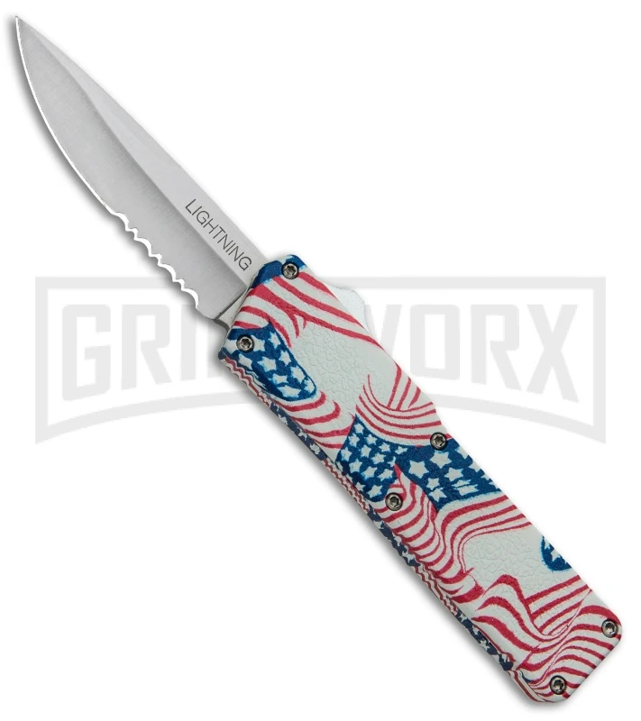 Lightning American Flag D/A OTF Automatic Knife - Satin Serr 3 Lightning American Flag D/A OTF Automatic Knife - Satin Serr