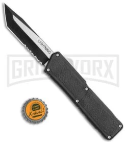 Lightning Black D/A OTF Automatic Knife - Tanto Two Tone Serrated -Grindworx Lightning Black DA OTF Auto Tanto Serr TT GX 34381 jr bottlecap large
