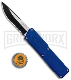 Lightning Blue D/A OTF Automatic Knife - Tow-Tone Serr -Grindworx Lightning Blue DA Auto TT Serr GX 30819 jr bottlecap large