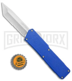Lightning Blue D/A OTF Automatic Knife - Tanto Satin Serr 9 Lightning Blue D/A OTF Automatic Knife - Tanto Satin Serr -Grindworx Lightning Blue DA OTF Auto Serr Tanto Satin GX 39006 jr bottlecap large