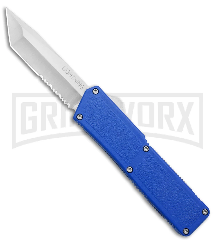 Lightning Blue D/A OTF Automatic Knife - Tanto Satin Serr 3 Lightning Blue D/A OTF Automatic Knife - Tanto Satin Serr