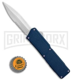 Lightning Blue D/A OTF Automatic Knife - Satin Dagger Serr 4TH18 -Grindworx Lightning Blue DA Satin Dagger Serr BP 27475 er bottlecap large