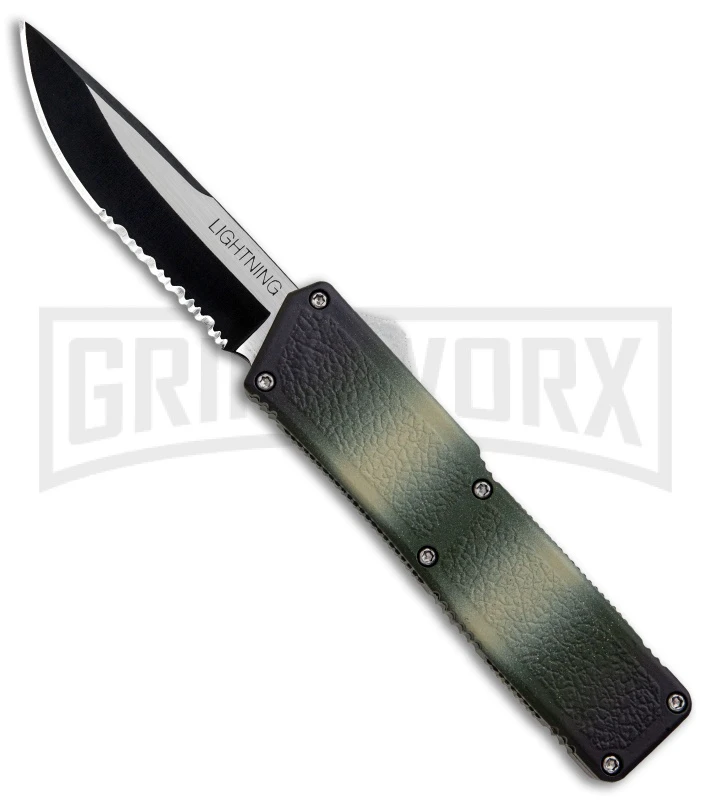 Lightning Camo D/A OTF Automatic Knife - Two-Tone Serrated 3 Lightning Camo D/A OTF Automatic Knife - Two-Tone Serrated