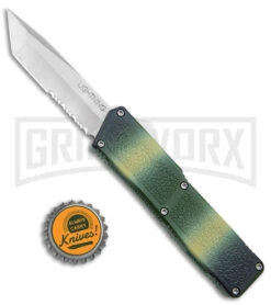 Lightning D/A Green Camo Aluminum OTF Automatic Knife - Tanto Satin Serr 9 Lightning D/A Green Camo Aluminum OTF Automatic Knife - Tanto Satin Serr -Grindworx Lightning Camo DA OTF Auto Tanto Satin Serr GX 38985 jr bottlecap large