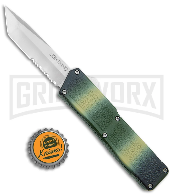 Lightning D/A Green Camo Aluminum OTF Automatic Knife - Tanto Satin Serr 6 Lightning D/A Green Camo Aluminum OTF Automatic Knife - Tanto Satin Serr - Image 4