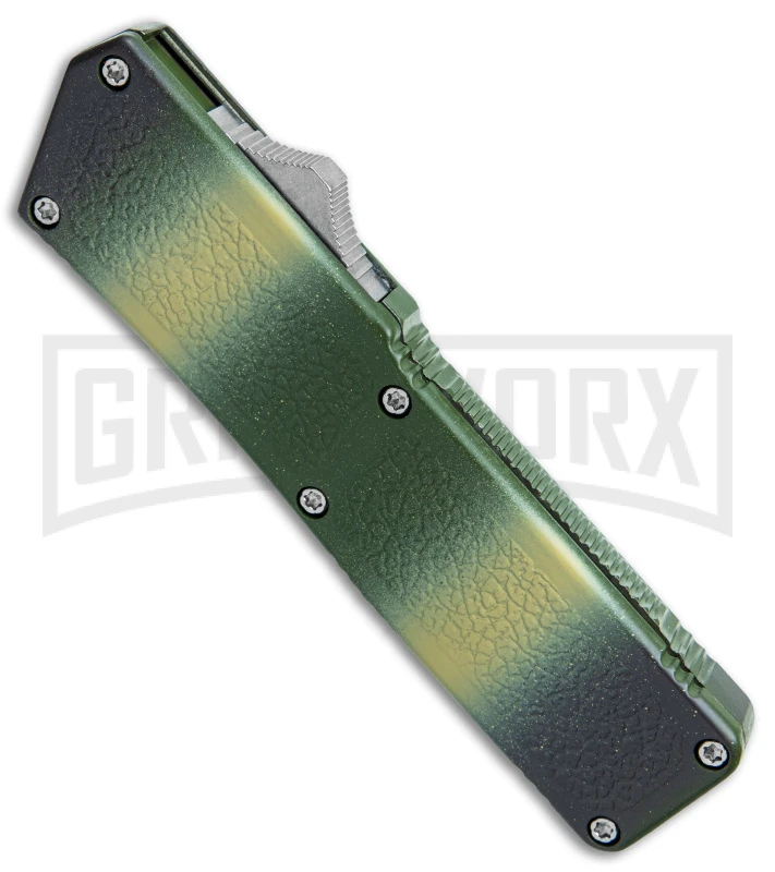 Lightning D/A Green Camo Aluminum OTF Automatic Knife - Tanto Satin Serr 4 Lightning D/A Green Camo Aluminum OTF Automatic Knife - Tanto Satin Serr - Image 2