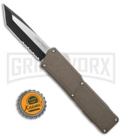 Lightning OD Green D/A OTF Automatic Knife - Tanto Two Tone Serr -Grindworx Lightning OD Green DA OTF Auto Tanto TT Serr GX 39140 jr bottlecap large