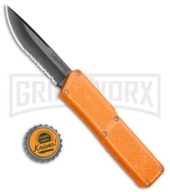 Lightning Orange D/A OTF Automatic Knife - Black Serr -Grindworx Lightning Orange DA OTF Black Serr BP 22655 jr bottlecap large