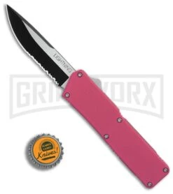 Lightning Pink D/A OTF Automatic Knife - Two-Tone Serr -Grindworx Lightning Pink DA OTF Auto TT Serr GX 31868 bottlecap large