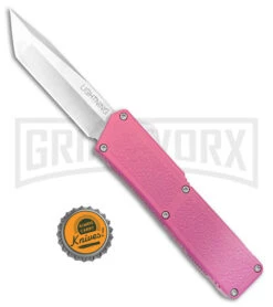 Lightning Pink D/A OTF Automatic Knife - Tanto Satin Plain -Grindworx Lightning Pink DA OTF Automatic Knife Tanto Satin GX 41279 KC bottlecap 2 large