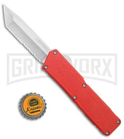 Lightning Red D/A OTF Automatic Knife - Tanto Satin Serr -Grindworx Lightning Red DA OTF Auto Serr Tanto Satin GX 39004 jr bottlecap large