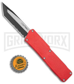 Lightning Red D/A OTF Automatic Knife - Tanto Two Tone Serr -Grindworx Lightning Red DA OTF Auto Tanto TT Serr GX 39135 jr bottlecap large