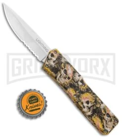 Lightning Skull Camo D/A OTF Automatic Knife - Satin Serr -Grindworx Lightning Skull DA DP OTF Auto Satin Serr GX 33339 jr bottlecap large