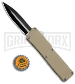 Lightning Tan D/A OTF Automatic Knife - Dagger Two Tone Serr -Grindworx Lightning Tan DA OTF Auto Dagger TT GX 39061 jr bottlecap large