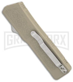 Lightning Tan D/A OTF Automatic Knife - Dagger Two Tone Serr -Grindworx Lightning Tan DA OTF Auto Dagger TT GX 39061 jr side large