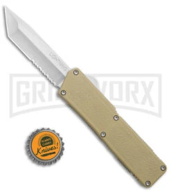 Lightning Tan D/A OTF Automatic Knife - Tanto Satin Serrated -Grindworx Lightning Tan DA OTF Auto Serr Tanto Satin GX 39003 jr bottlecap large