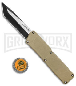 Lightning Tan D/A OTF Automatic Knife - Tanto Two Tone Serrated 9 Lightning Tan D/A OTF Automatic Knife - Tanto Two Tone Serrated -Grindworx Lightning Tan DA OTF Auto TT Tanto Serr GX 39048 jr bottlecap large