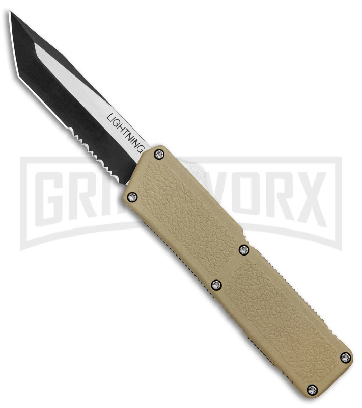Lightning Tan D/A OTF Automatic Knife - Tanto Two Tone Serrated 3 Lightning Tan D/A OTF Automatic Knife - Tanto Two Tone Serrated