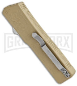 Lightning Tan D/A OTF Automatic Knife - Tanto Two Tone Serrated 8 Lightning Tan D/A OTF Automatic Knife - Tanto Two Tone Serrated -Grindworx Lightning Tan DA OTF Auto TT Tanto Serr GX 39048 jr side large