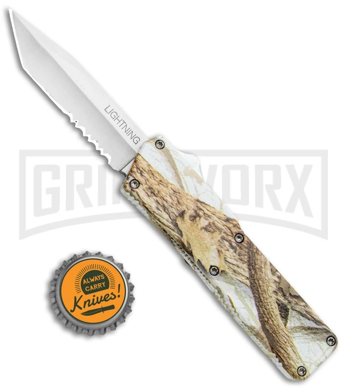 Lightning Tree Camo D/A OTF Automatic Knife - Tanto Satin Serr 6 Lightning Tree Camo D/A OTF Automatic Knife - Tanto Satin Serr - Image 4