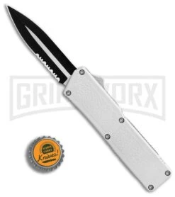 Lightning White D/A OTF Automatic Knife - Dagger Two-Tone Serr -Grindworx Lightning White DA OTF Auto Dagger TT Serr GX 31874 jr bottlecap large