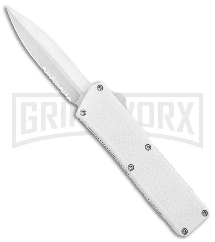 Lightning White D/A OTF Automatic Knife - Satin Dagger Serrated 3 Lightning White D/A OTF Automatic Knife - Satin Dagger Serrated